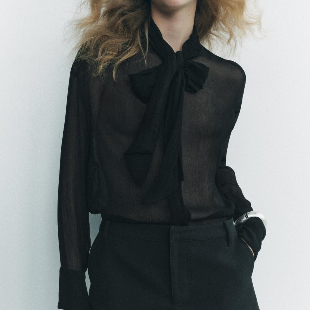 Zara Black Sheer Bow-Tie Long Sleeve Blouse